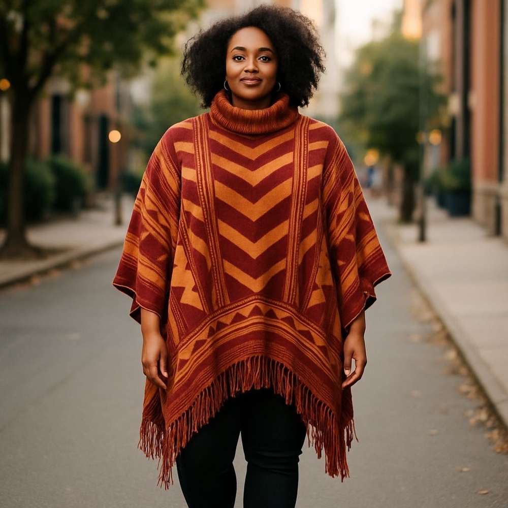 Colleen Lopez Red and Orange Chevron Poncho Sweater